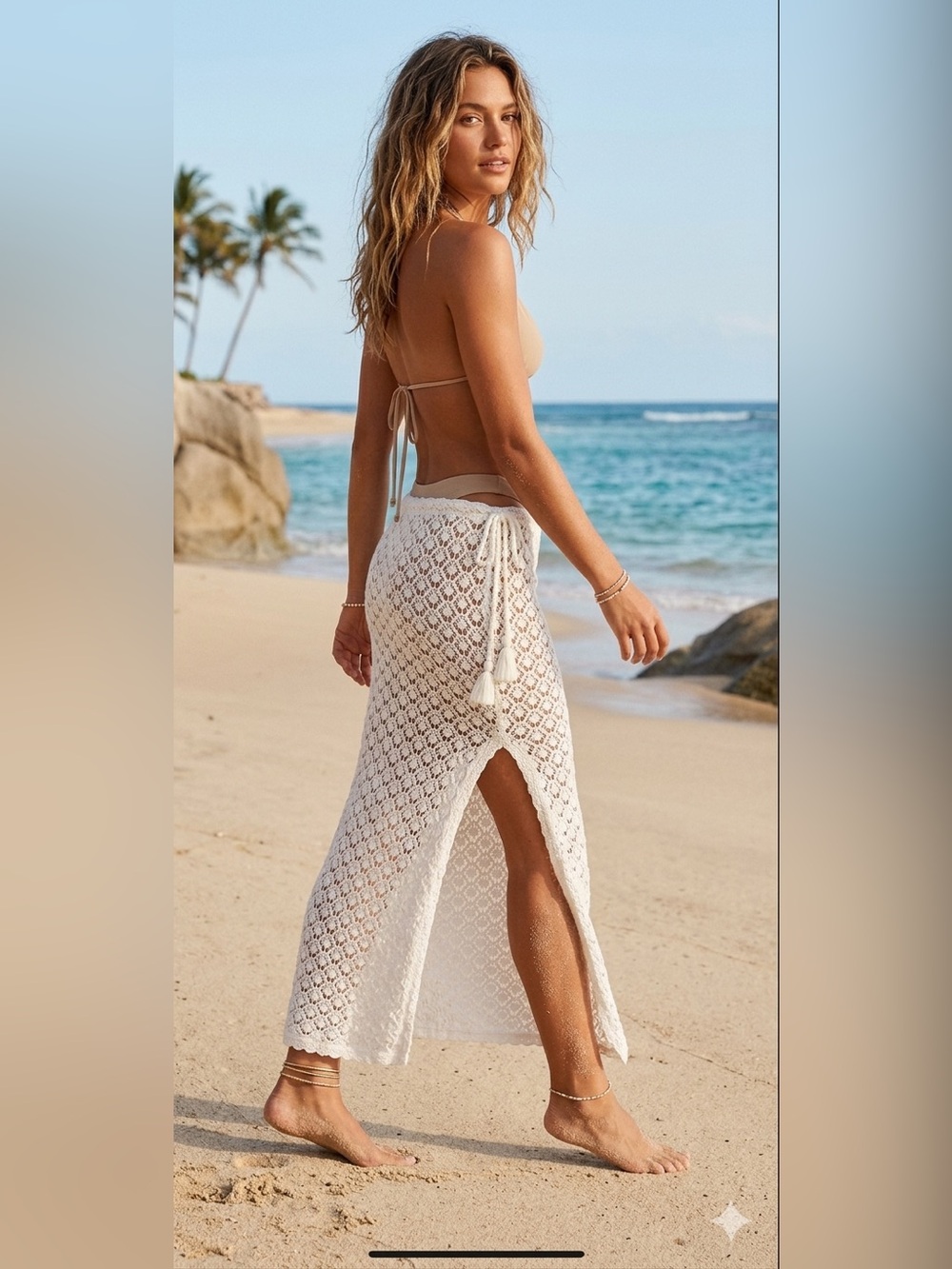 aerie White Crochet Maxi Cover-Up with Tassel Tie